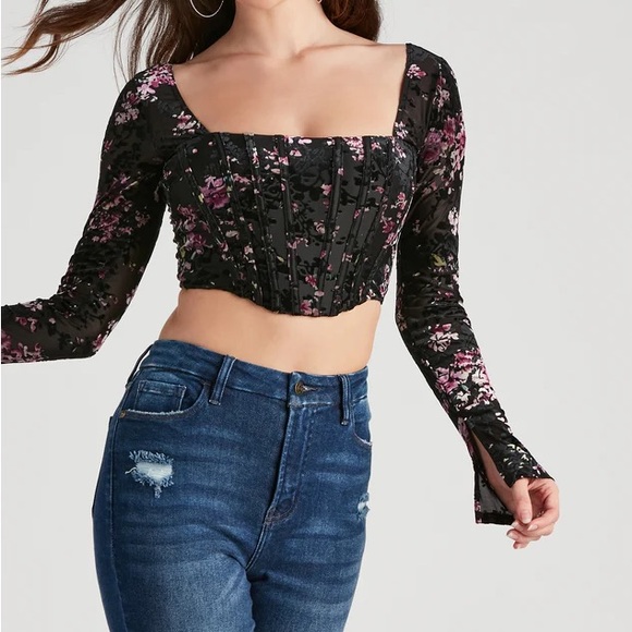 Trendy Florals Flocked Velvet Corset Top - Picture 6 of 7